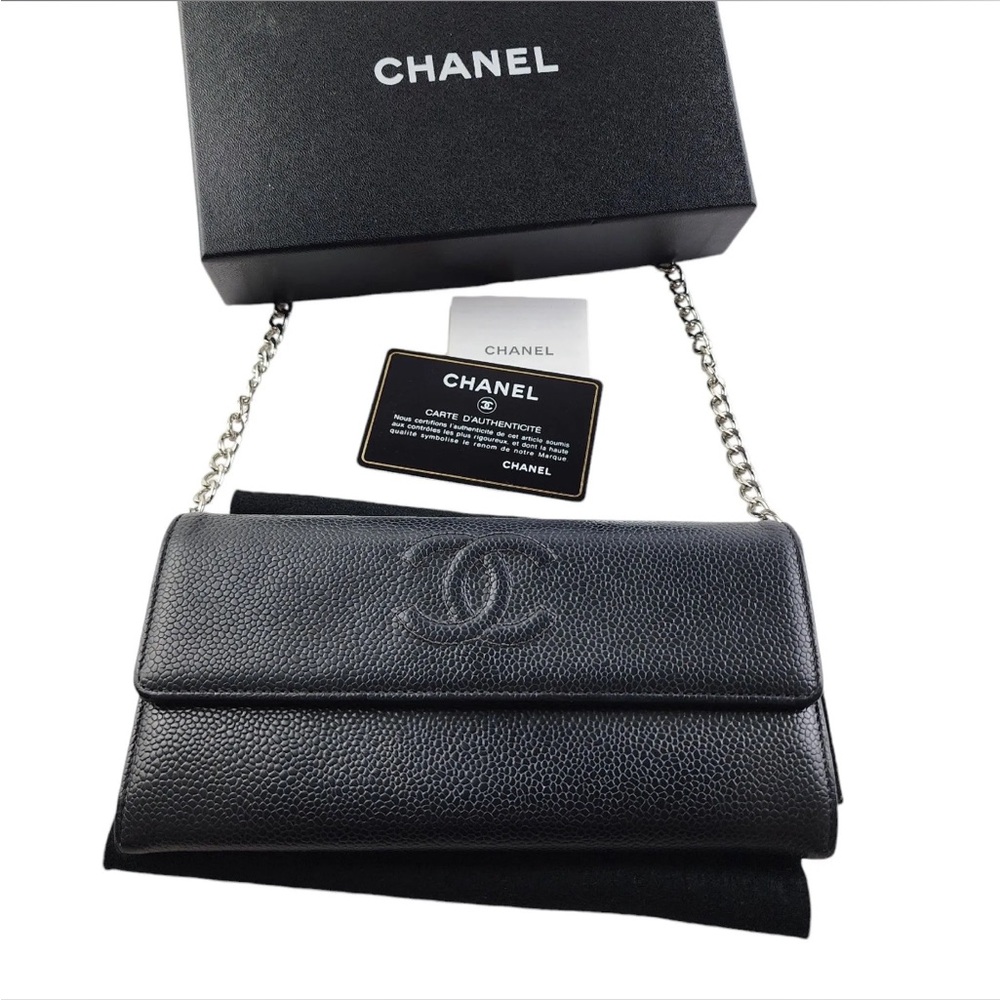 Auth CHANEL Cavuar Leather Long Wallet with Box and Card/ Holo